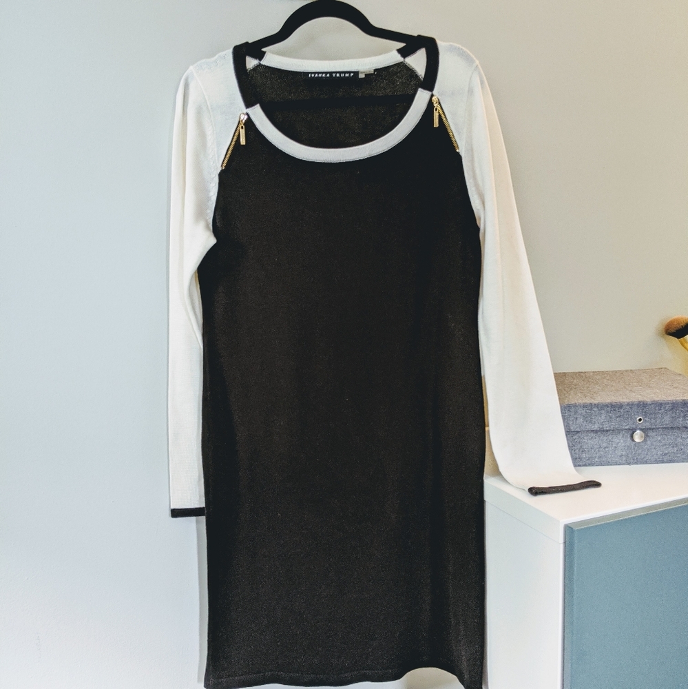 Ivanka Trump black & white knit long sleeve dress